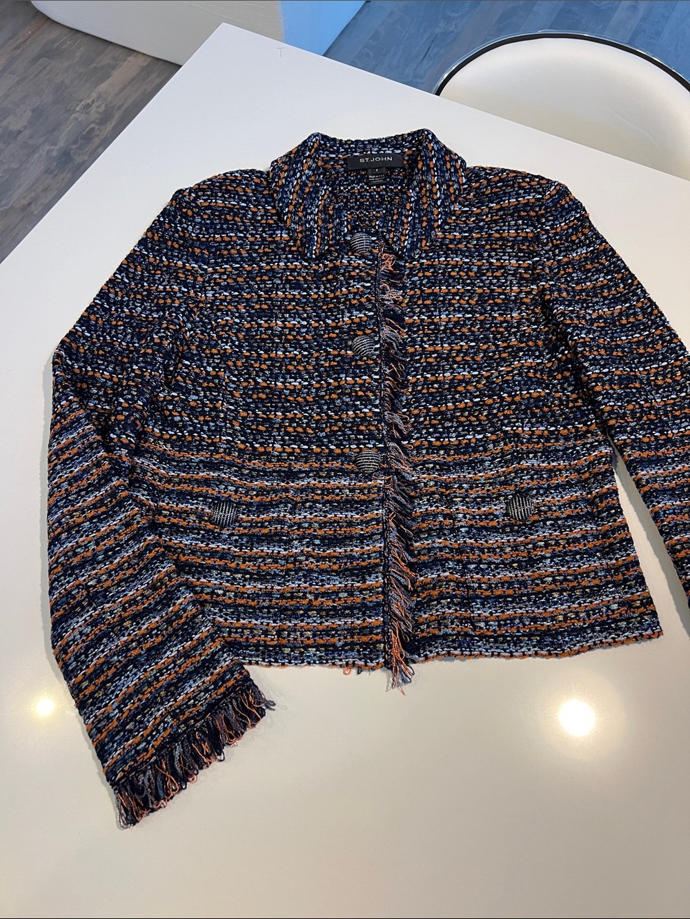 St. John tweed blue and orange collared blazer suit jacket with buttons pockets